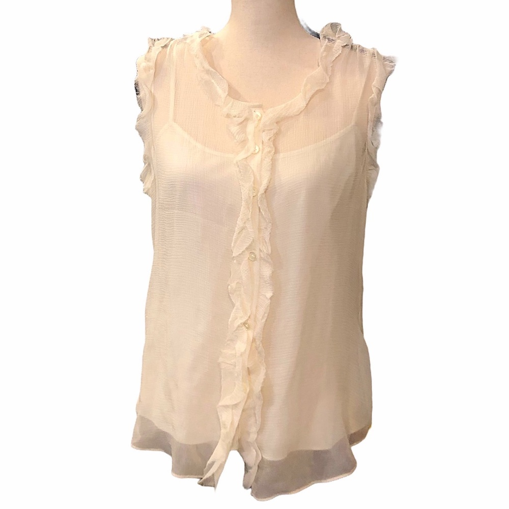 DKNY CREAM SILK BUTTON DOWN SLEEVELESS SHIRT